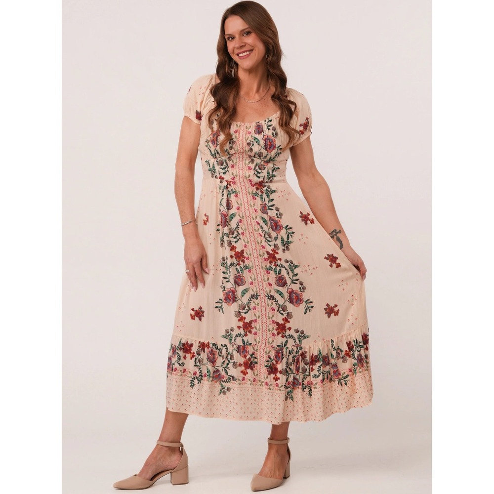 Angie Boho Floral Puff Sleeve Prairie Maxi Dress Cottagecore Cream Pink Medium